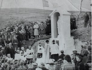 A photograph of the first mass held at Ballyine Mass Rock in 1954